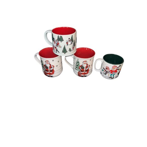 Set Of 4 Christmas Santa & Snowman Design Ceramic Coffee Mugs 4 Inch Tall - Picture 1 of 16